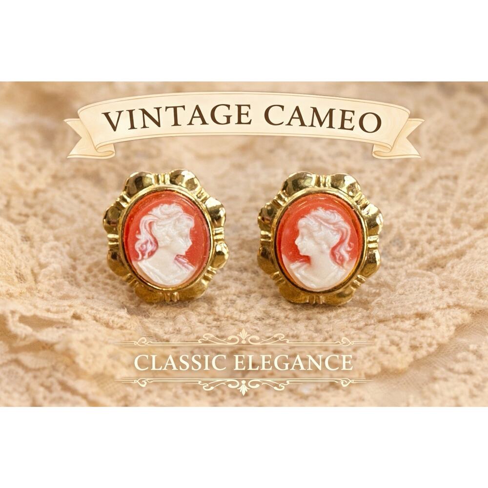 Vintage Cameo Stud Earrings Gold Tone Red White Lady Portrait Pair